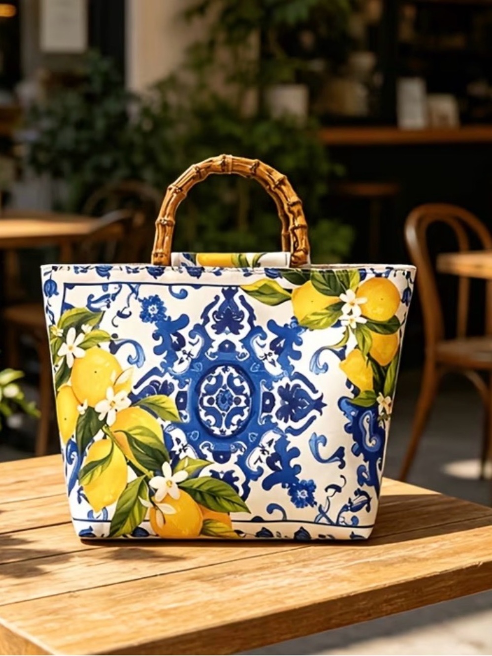 🍋🍋🍋BOGOHO🍋🍋🍋Blue & Yellow Ceramic-Print Tote Bag